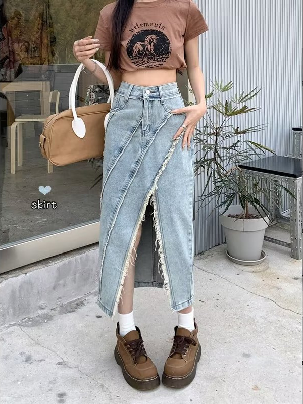 Design Sense Sexy Rust Split Denim Skirt Women's Spring and Summer New plus size chubby girl Slimming All-match Midi Dress