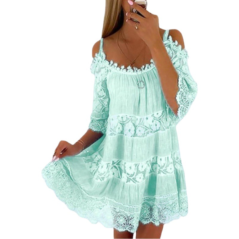 Cross-Border Amazon Princess Style European and American Dress Off-Shoulder Lace Suspender Skirt Fashionable Solid Color Loose Dress