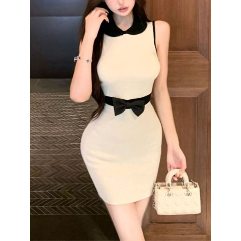 Sweet doll collar color-block knit dress, 2025 summer new elegant vintage bow bodycon short skirt