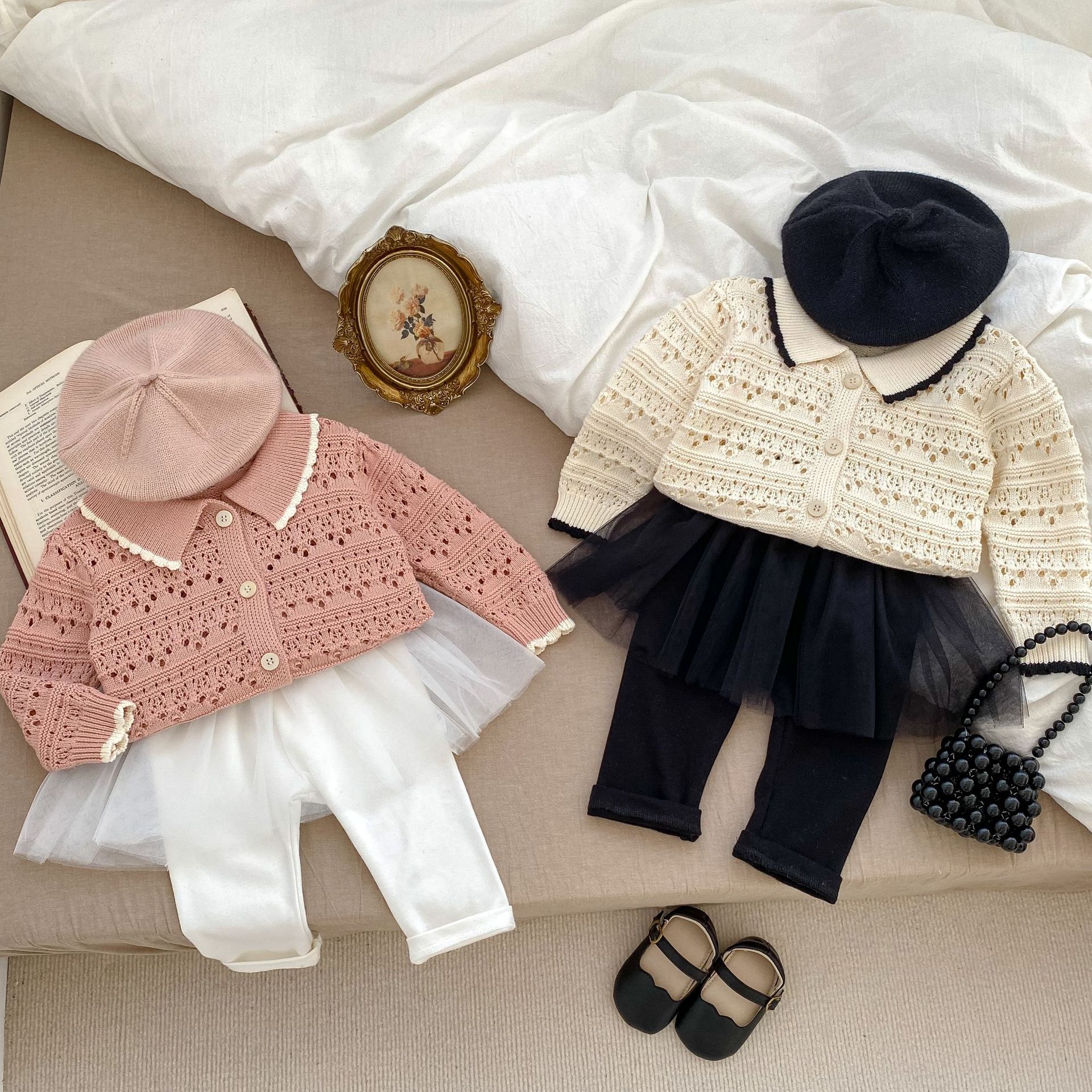 2025 Spring Girls' Stylish Long-Sleeve Cardigan Infant Little Chanel-Style Lapel Knitted Hollow Sweater Jacket