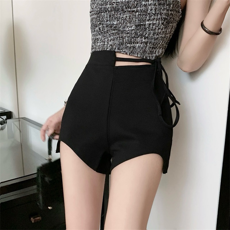 Design women's summer straight pants hot pants hot girl high waist slimming small lace-up casual shorts Black