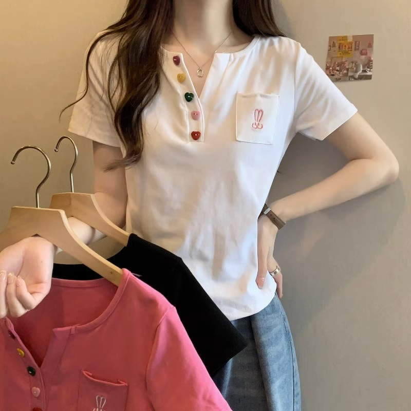 Plus Size Slightly Fat V Neck Right Shoulder Short-Sleeved T-Shirt for Women 2025 Summer New Style Fat mm Loose Short Style Slimming Look Top