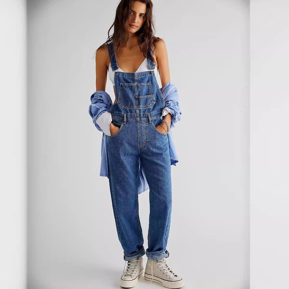 European and American Export Cross-Border Supply Casual Washed Loose Denim Overalls for Women Women Women's Denim Overalls