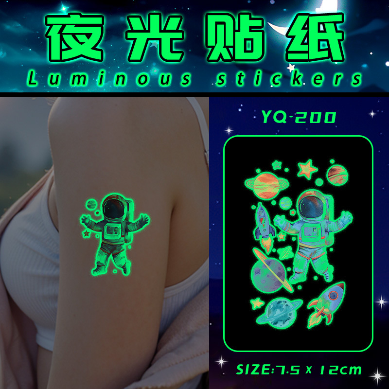 Cartoon luminous astronaut spaceship color tattoo stickers men and women waterproof durable students fluorescent pattern natural conformable