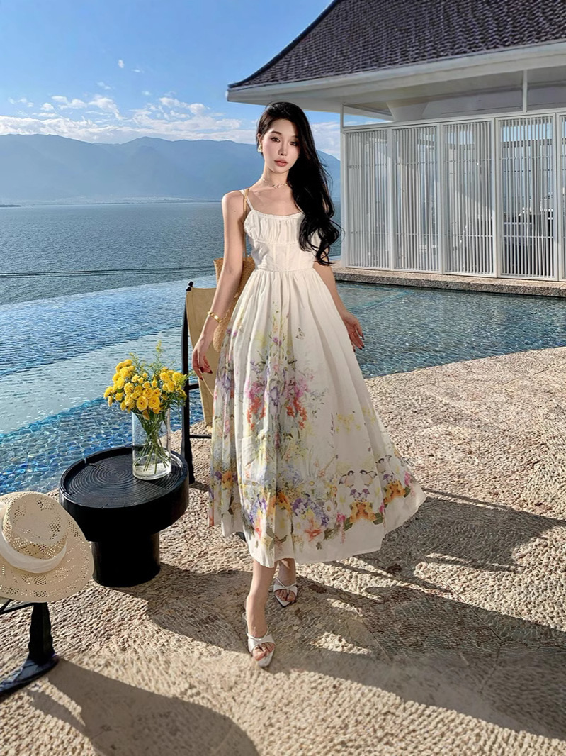 Cross-border New Product Positioning Flower Printed dress Tight Waist Slimming Long Dress Beach Dress