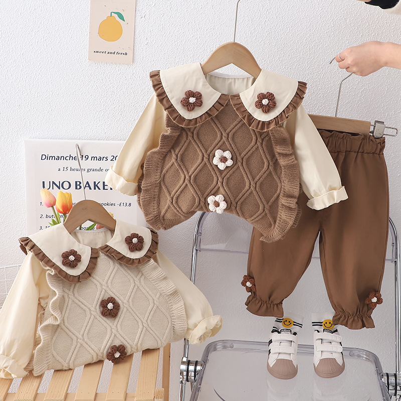 Picture of Spring and Autumn Net Red Western style vest sweater three-piece set foreign trade Girl's fashion Western style baby girl's clothing suit wholesale