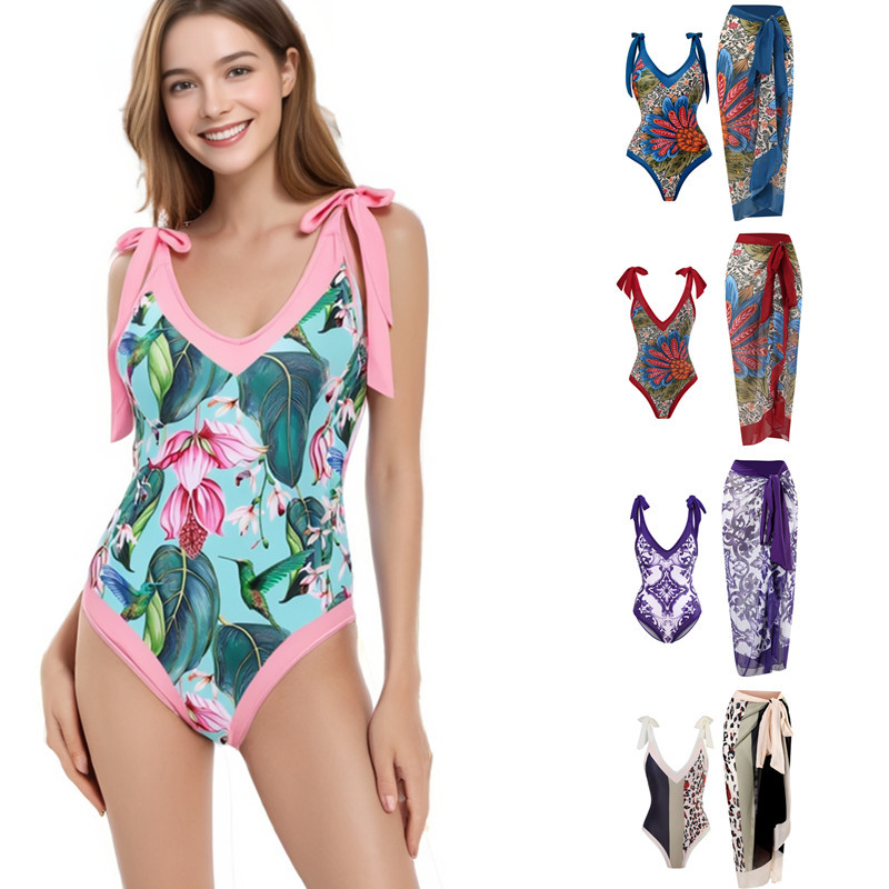 Cross-Border Export Swimsuit Women's One-Piece 2025 New European and American Amazon Sexy Printed Chiffon Skirt Swimsuit Women's Suit
