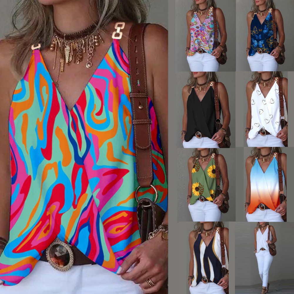 Independent Station Wish Amazon Hot Style Summer Simple V Neck Metal Buckle Printed Vest Top for Women