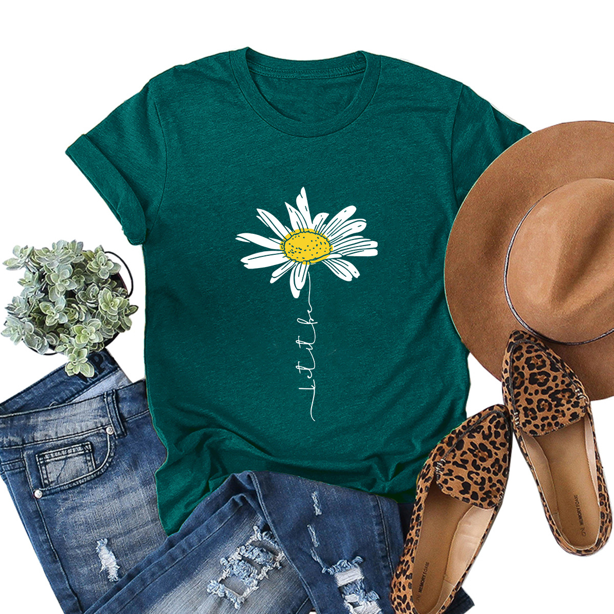 Amazon 2023 Cross-border New in stock Loose Casual Summer Daisy Fun Printed Round Neck Short Sleeve Women's T-shirt