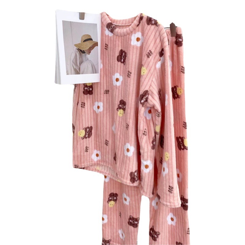 Autumn and Winter Printed Peach Bear Warm suit Women's Coral Fleece Home Clothes Pajamas Casual Warm Two-piece Set