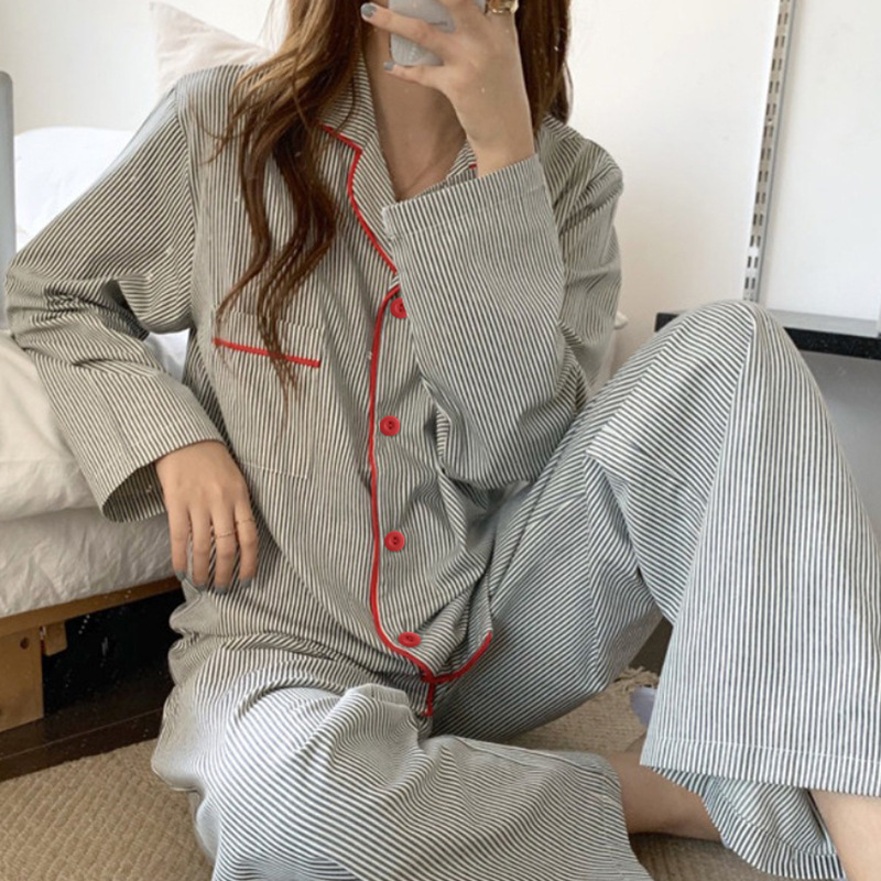 Picture of New Ins Pajamas for Women Simple Stripesd Internet Celebrity Long-Sleeved Cardigan Girl Korean Version Thin Home Wear Set Wholesale