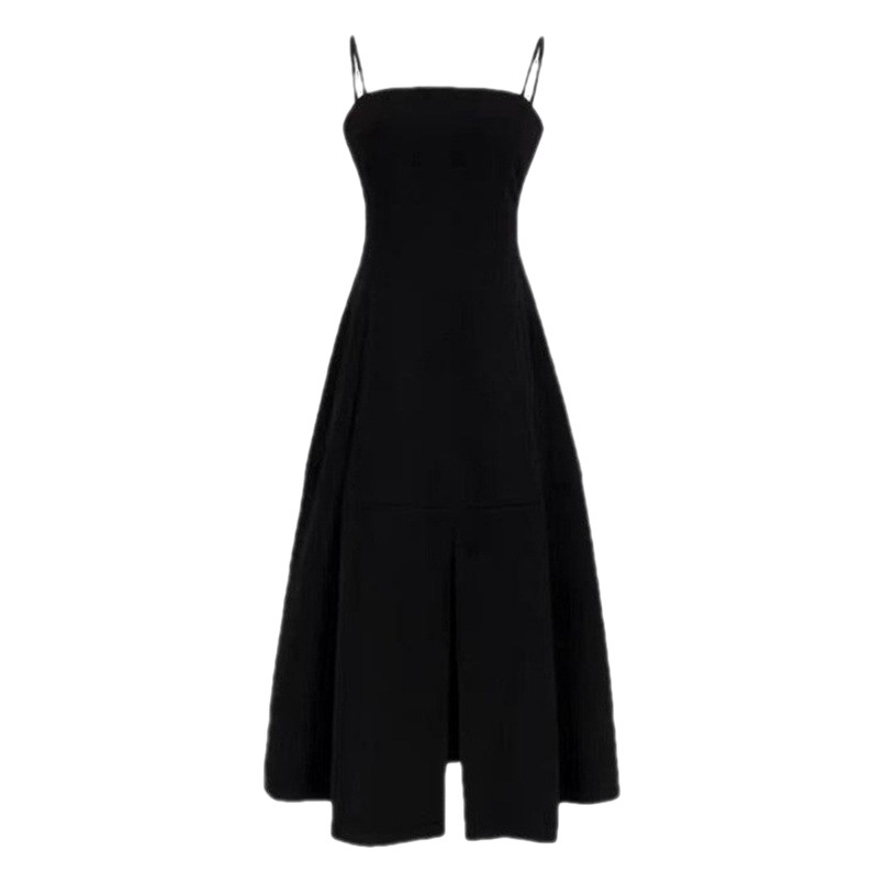 Black retro Hepburn style split sling dress women's high-grade French design sense niche high waist small black dress