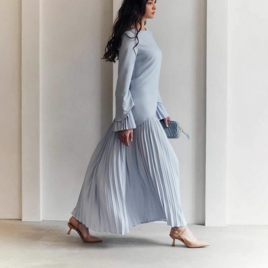 2025 Spring New European and American Foreign Trade Women's Round Neck Loose Casual Top Retro Elegant Pleated Skirt suit