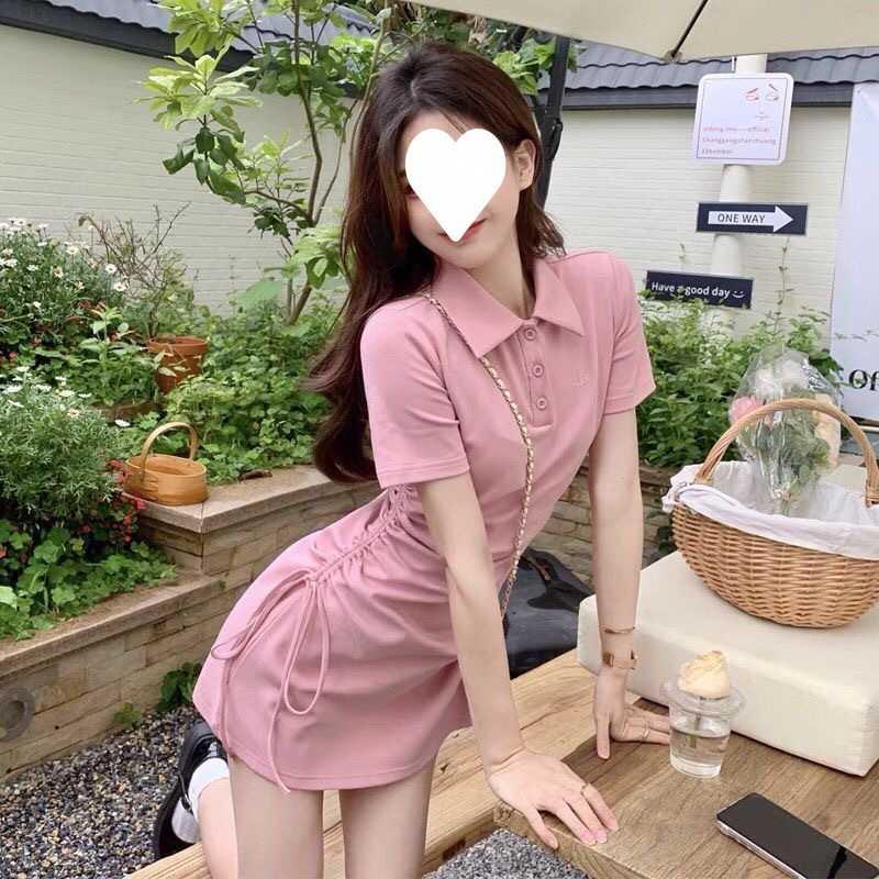 Pure Desire Style POLO Collar dress Women's 2024 Spring and Summer New Drawstring Strap Slim-fit Slimming Short-sleeved Skirt