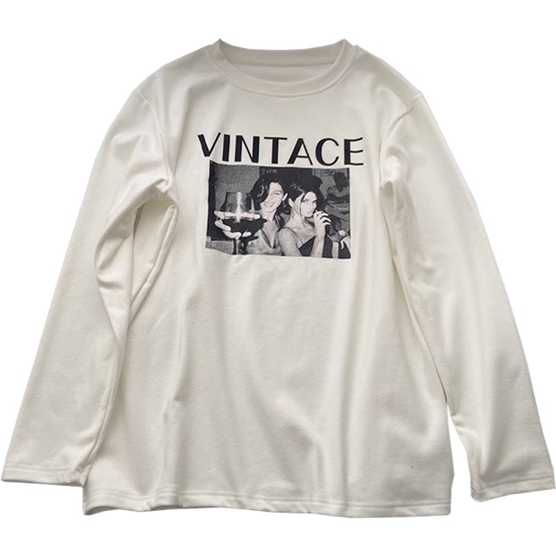 Double-sided Velvet Sanding Thickened White Base T-shirt Women's Base Shirt with Autumn and Winter Printed Letter Long Sleeve All-match