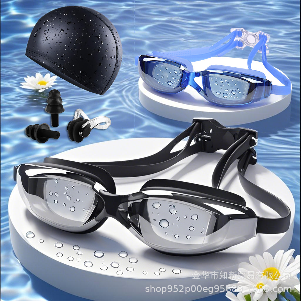 (Special Clearance) Long Hair Waterproof Adult Swimming Cap Swimming Goggles suit Women's Myopia Anti-fog Swimming Glasses Equipment