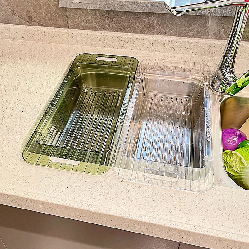 Picture of Kitchen Extendable Drain Rack Vegetable Washing Basin Drain Basket Household Plastic Sink Water Drainage Basket Sink Vegetable Basket Storage Rack