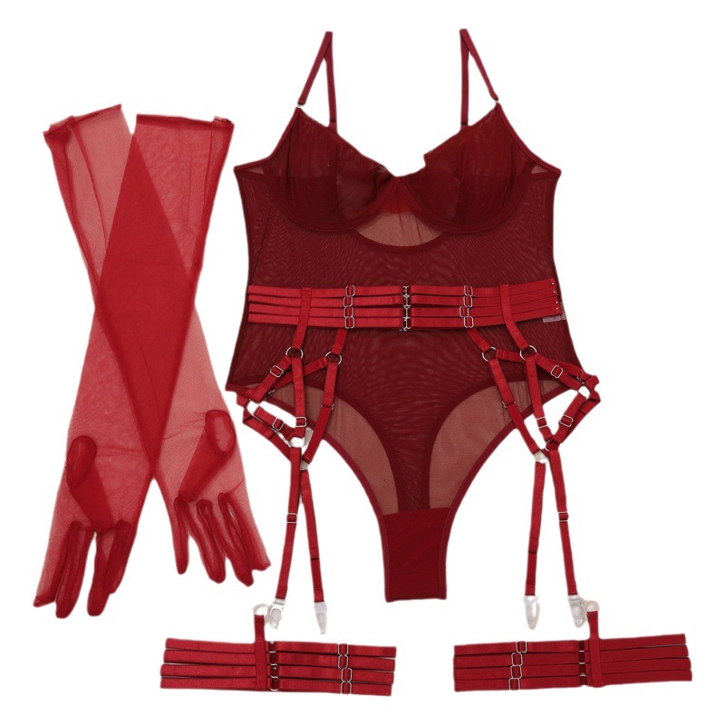New Cross-border European and American Women's Sexy Mesh with Gloves Belt Garter Buckle Open File Hidden Buckle Body Shaping Jumpsuit 1598