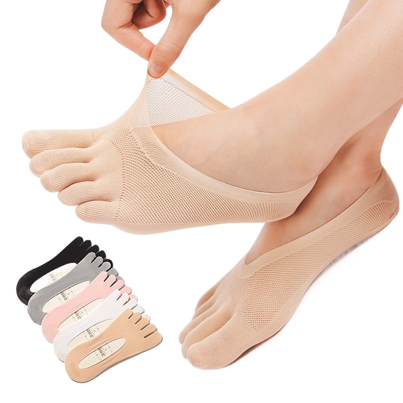 Summer Socks for Women, Ultra-Thin Five-Finger Mesh Women's Socks, Shallow Mouth Silicone Non-Slip Low-Cut Invisible Socks, Breathable for Women