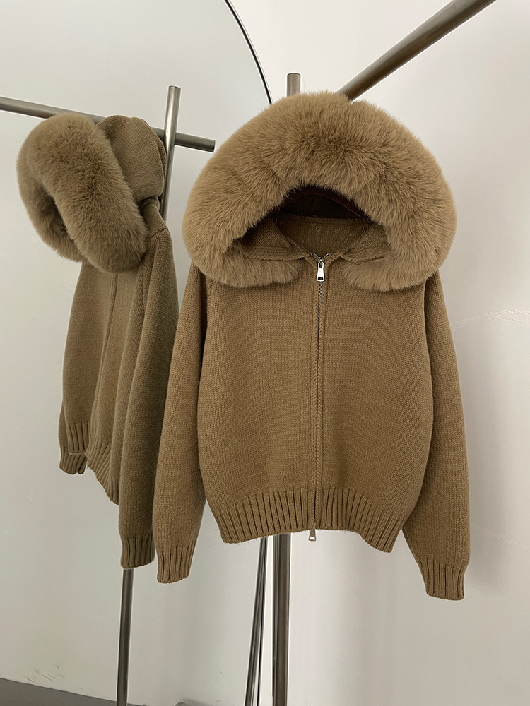 Autumn and Winter New Korean Style Imitation Fox Large Fur Collar Hooded Zipper Knitted Cardigan Jacket High-End Knitted Knitwear Top