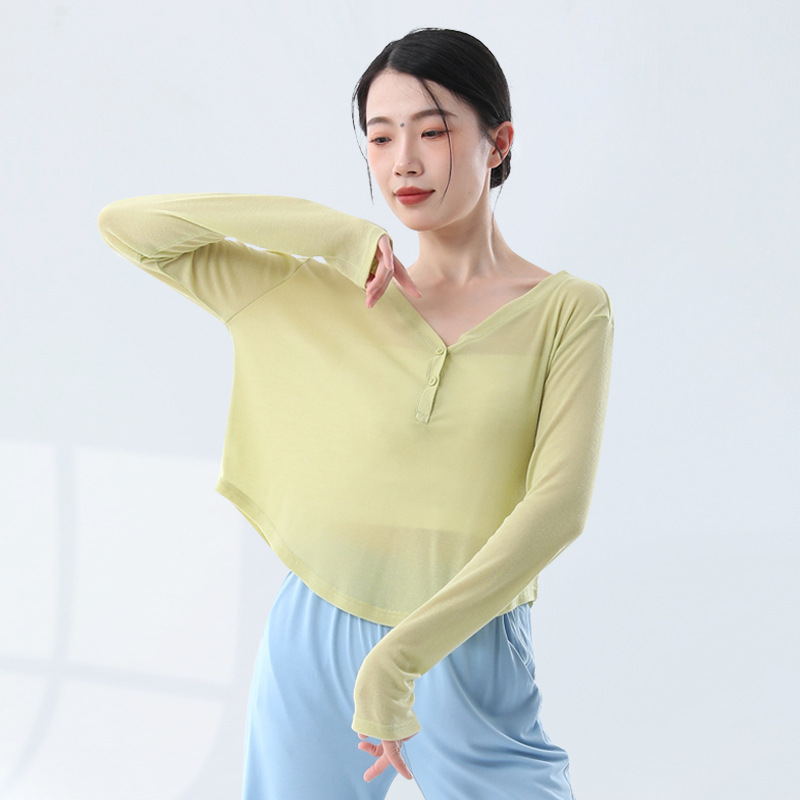 Picture of Thin V Neck Yoga Wear, Long-Sleeved Short Style, Loose-Fitting Outdoor Fitness Top, Breathable Daily Sports Blouse