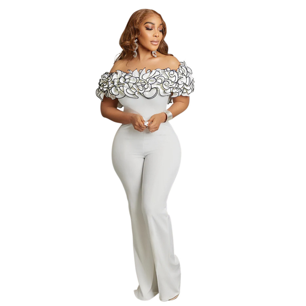 Picture of C8593 Cross-border Women's 2024 New Shoulder Collar Ruffled Sexy High Waist Solid Color African jumpsuit
