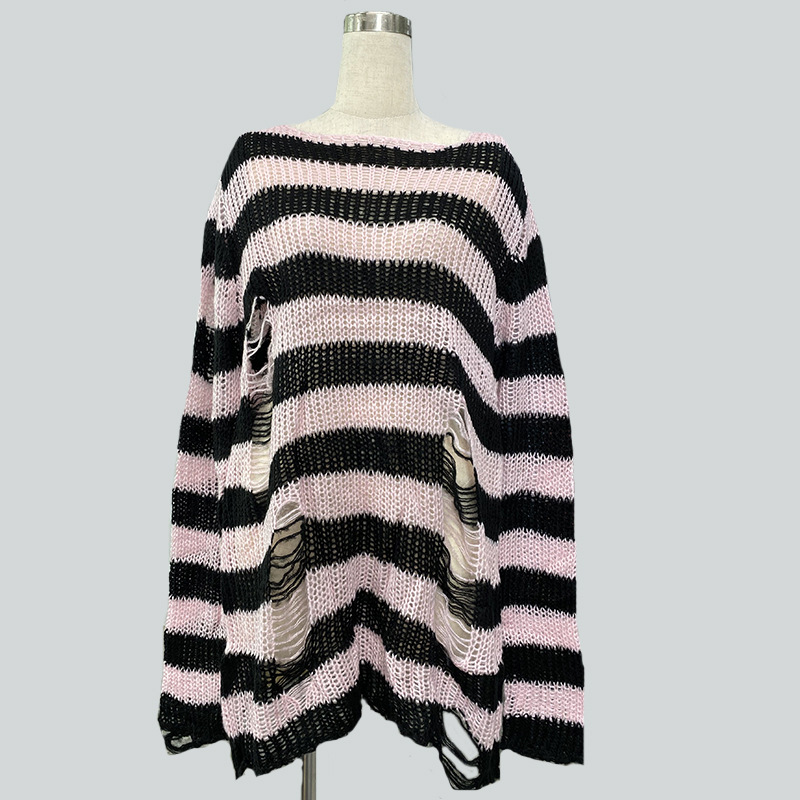 Picture of Mohair New European and American Export Loose Stripesd Knitwear Women's Mid-Length Pullover Hole Thin Cross-Border Knitwear