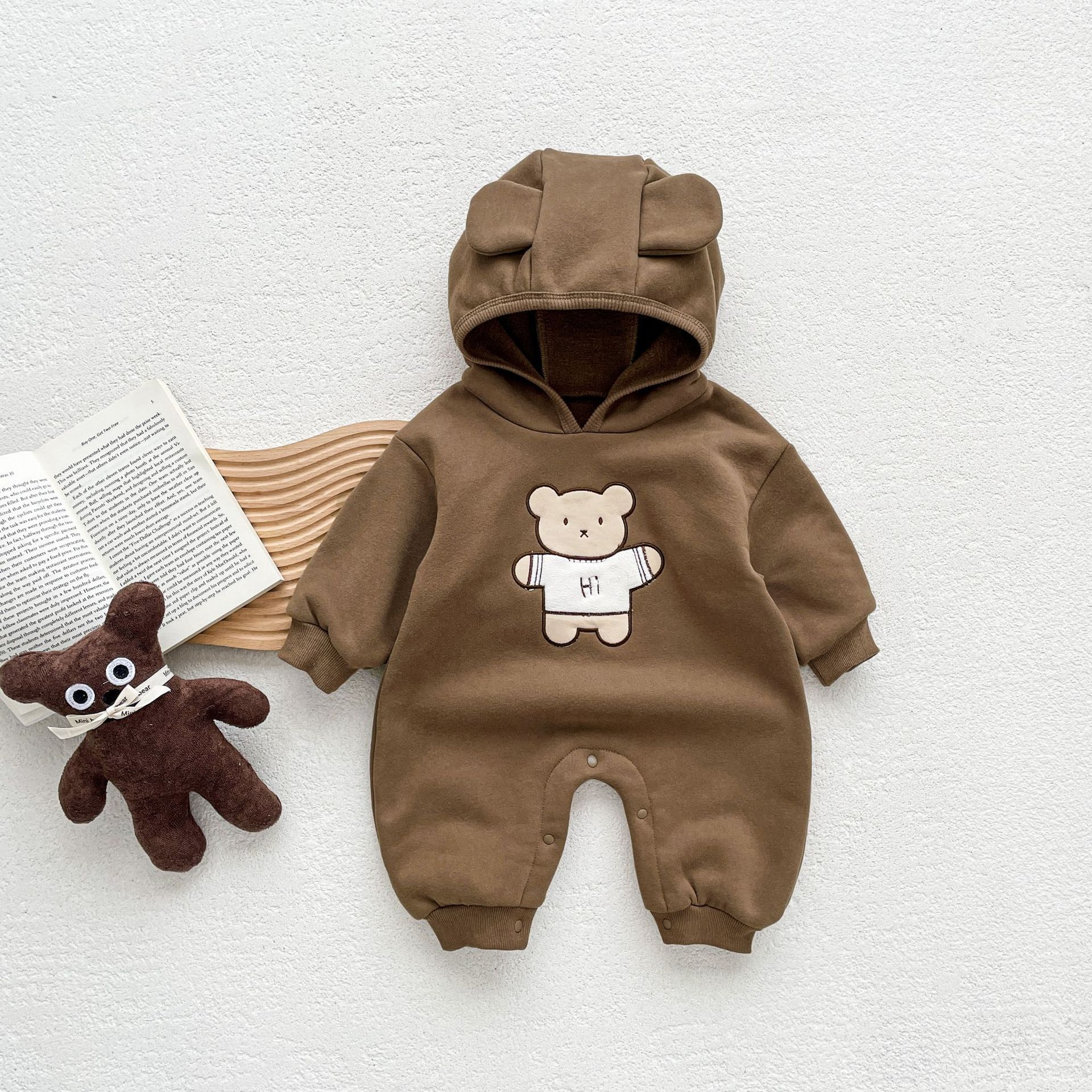 Picture of ins Korean style baby autumn and winter fleece-lined warm long-sleeved jumpsuit children's super cute cartoon bear hooded romper