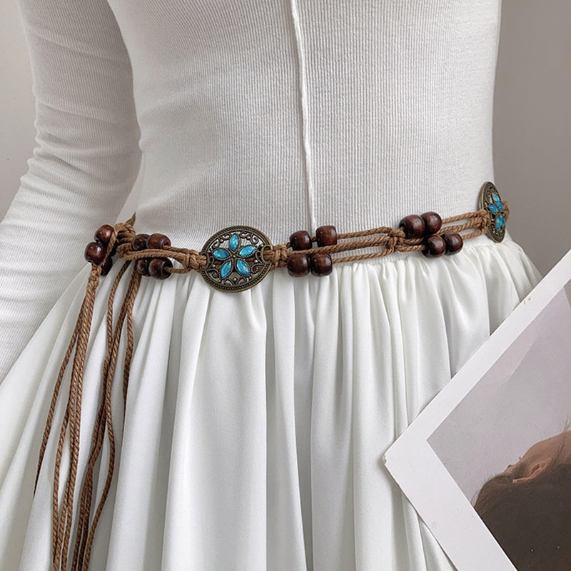 Picture of Ethnic style women's belt acrylic turquoise woven women's belt handmade wax rope wooden beads gem woven waist chain