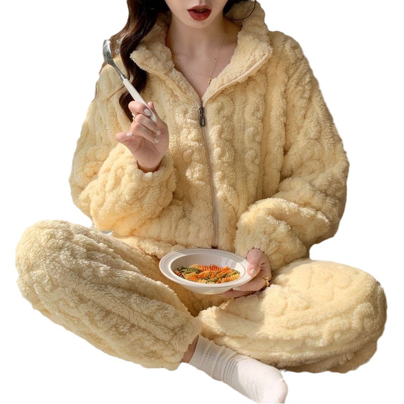 Pajamas women's autumn and winter New sweet ins style candy color thickened flannel zipper cardigan home wear suit