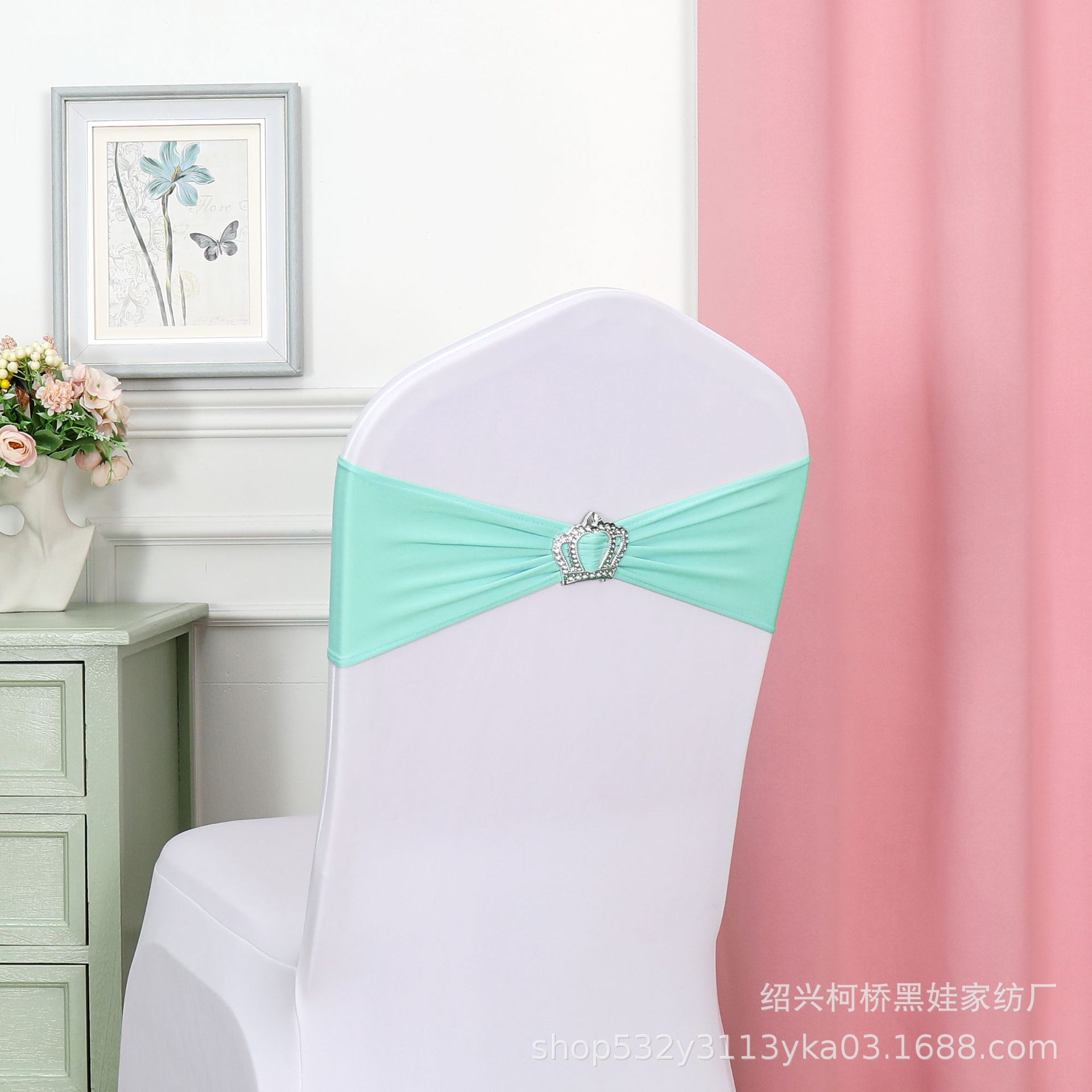Picture of Chair Back Flower Bow Crown Diamond Buckle Elastic Banquet Chair Set Decoration Free Wedding Strap Ribbon Wedding Ribbon