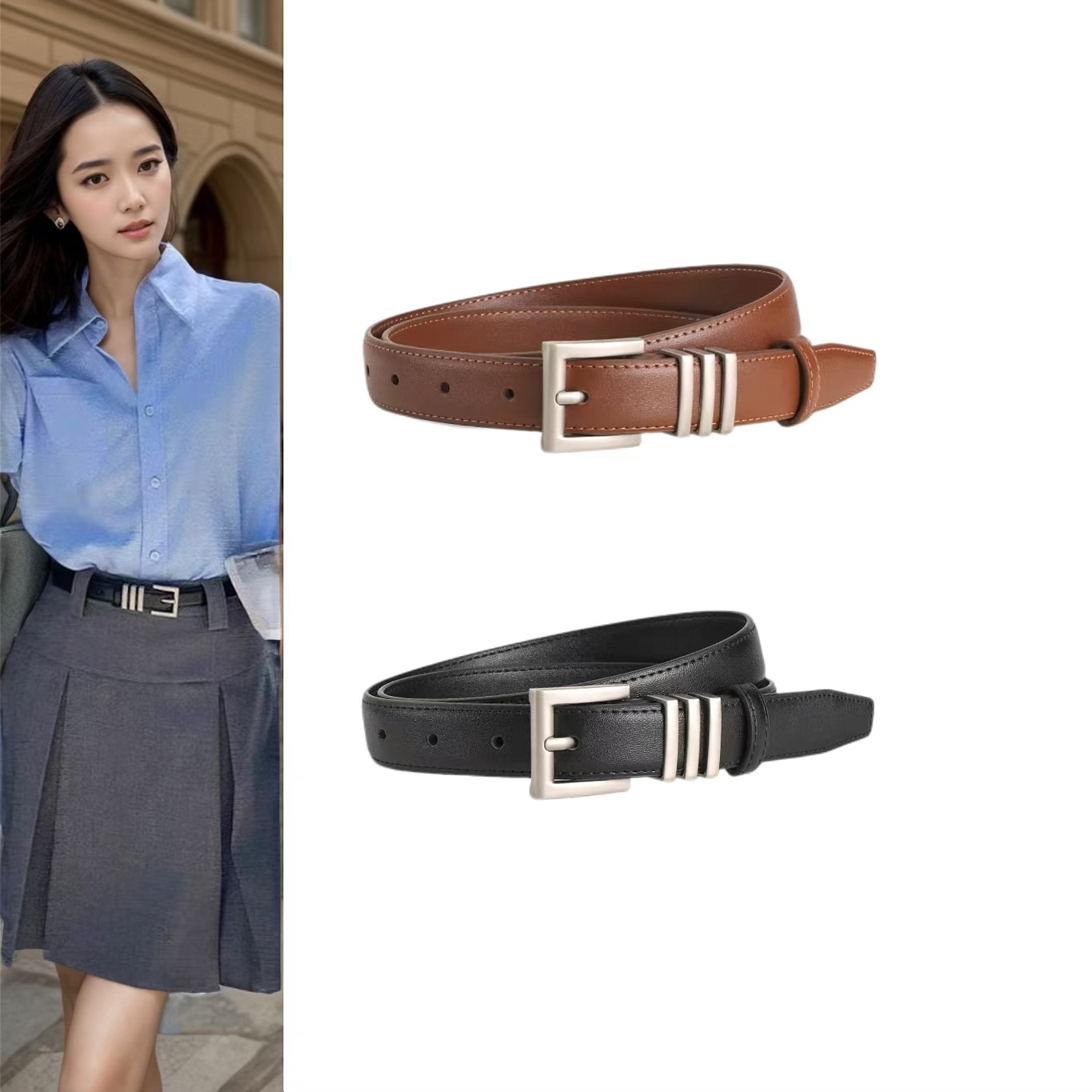 Genuine Leather Belt for Women, New Versatile Fashion Decorative Thin Belt for Jeans, Black Waist Cincher, Simple Cross-Border