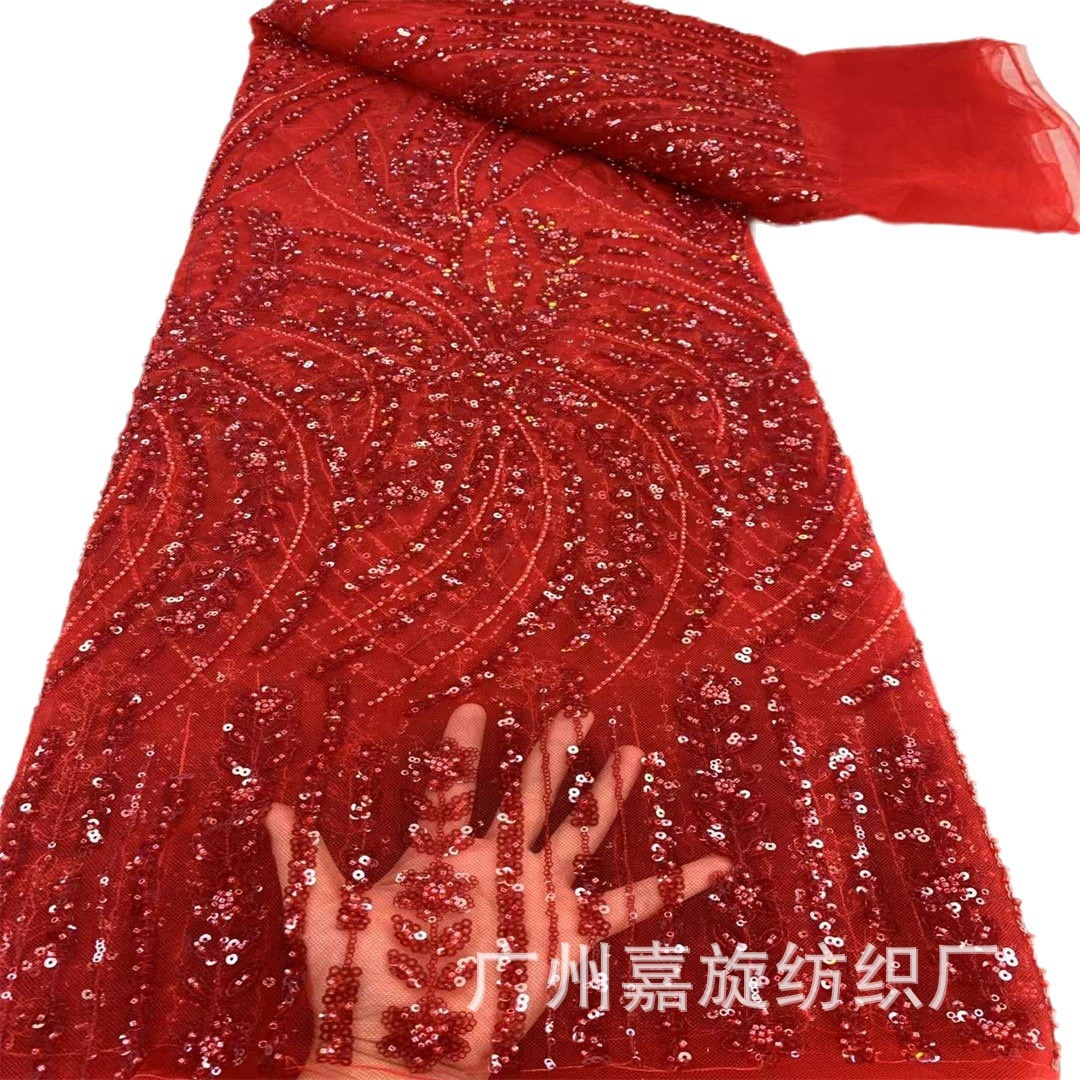 Picture of European and American apricot wheat ears three-dimensional beads sequins lace fabric African bride dress dress embroidered lace