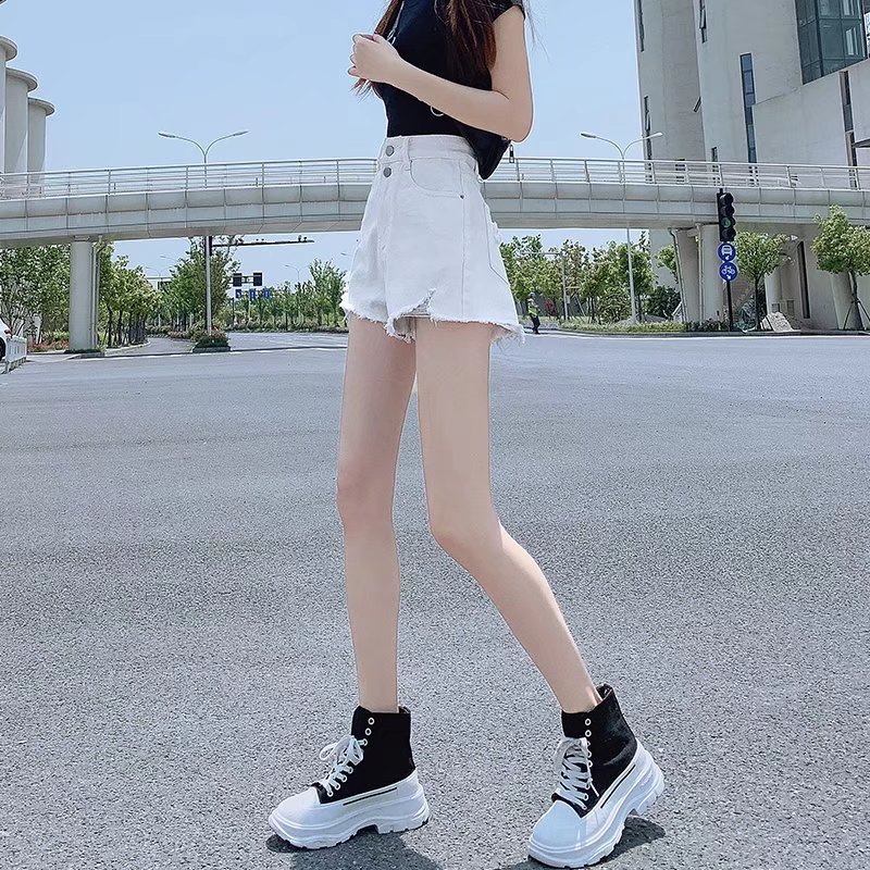 Picture of Internet Celebrity Irregular Denim Shorts Women's Summer Thin Hot Pants for Spice Girls Short High Waist a-Shaped Slim Design