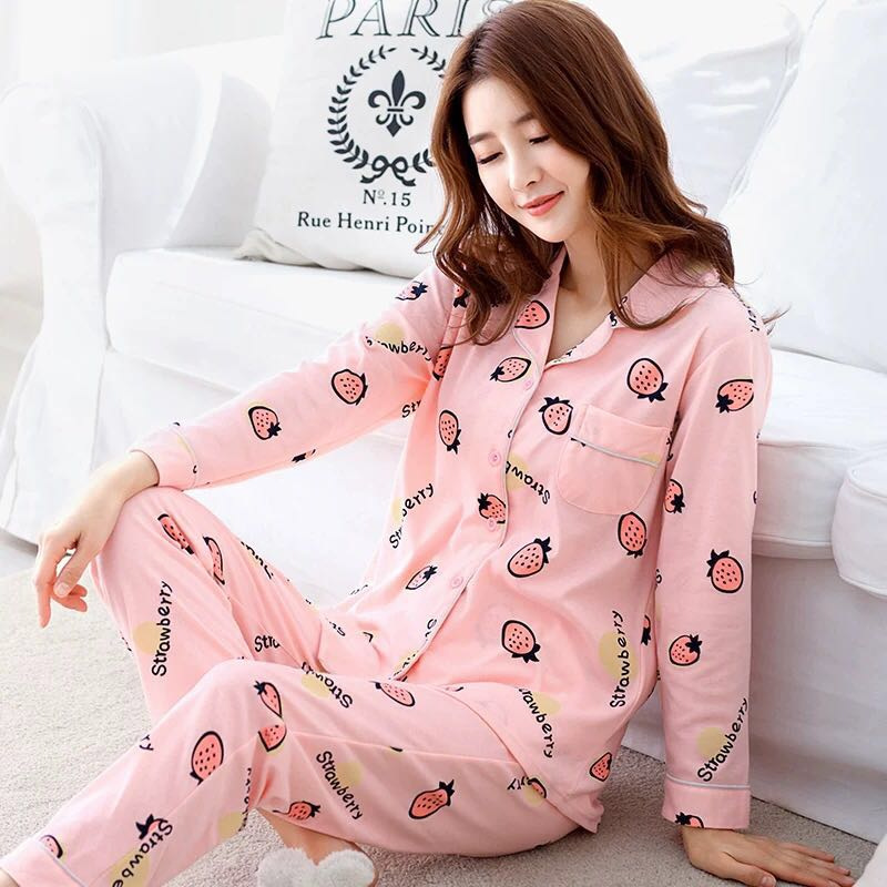Picture of 100% Pure Cotton Pajamas Women's Long Sleeve Women's Spring and Autumn Cardigan Lapel Pajamas Outwear Winter Home Suit