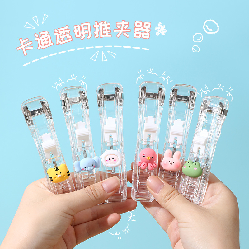 Ins Style Cartoon Transparent Clip Pusher Learning Office Information Organization Holder Creative Traceless File Binding Clip