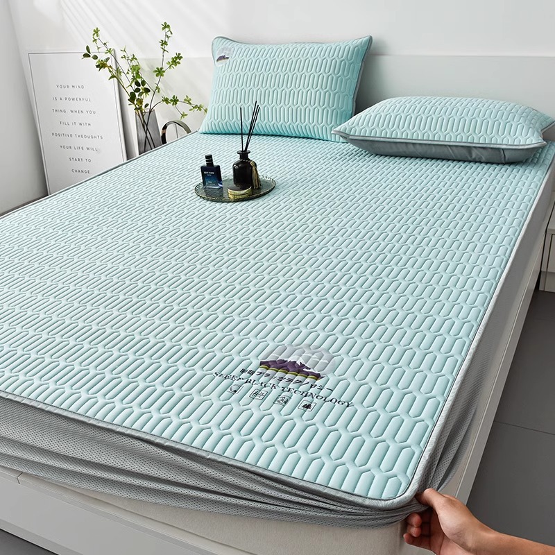 Picture of New Summer Ice Silk Latex Mat Three-Piece Set of Fitted Sheets Foldableing Dormitory Student Single Machine Washable Mat