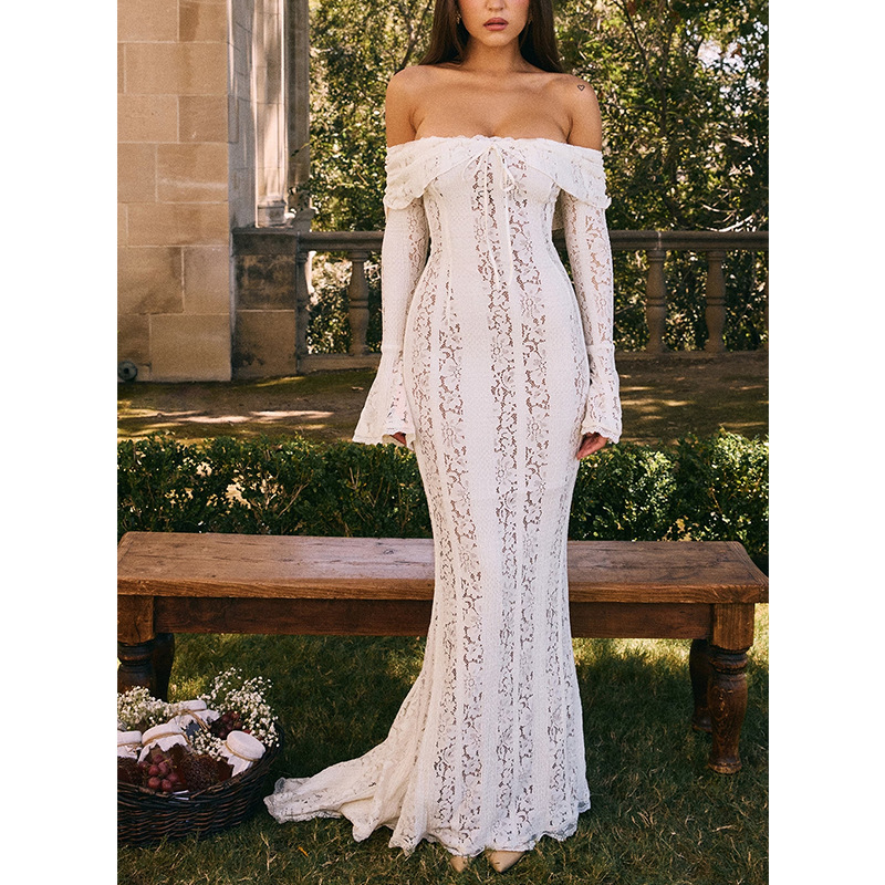 Cross-Border Women's New Sexy One-Shoulder Lace European and American Dress Temperament Tube Top Long Skirt Slim Fishtail Skirt