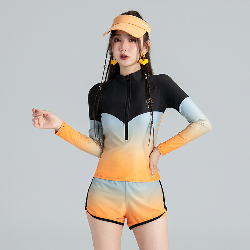 New Sexy Slim-Fit Belly-Covering High Waist Colorblock Long-Sleeved Coat Sports Style Split Swimsuit Women's Three-Piece Set