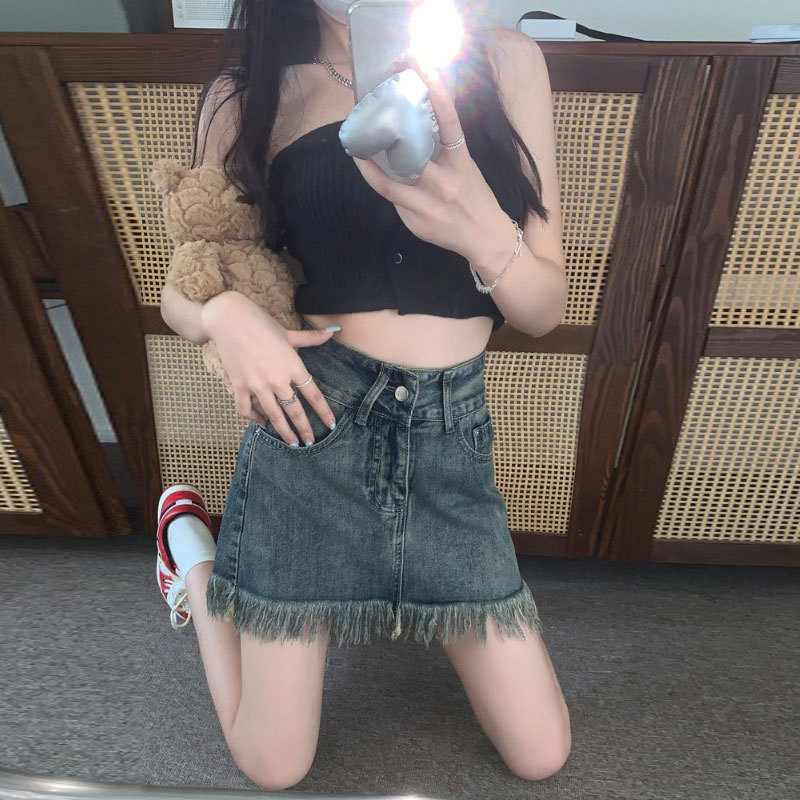 Ruffled Denim Short Skirt Women's Summer High Waist ins Style Hip All-match Hot Girl Niche Retro Tassel A- line Skirt