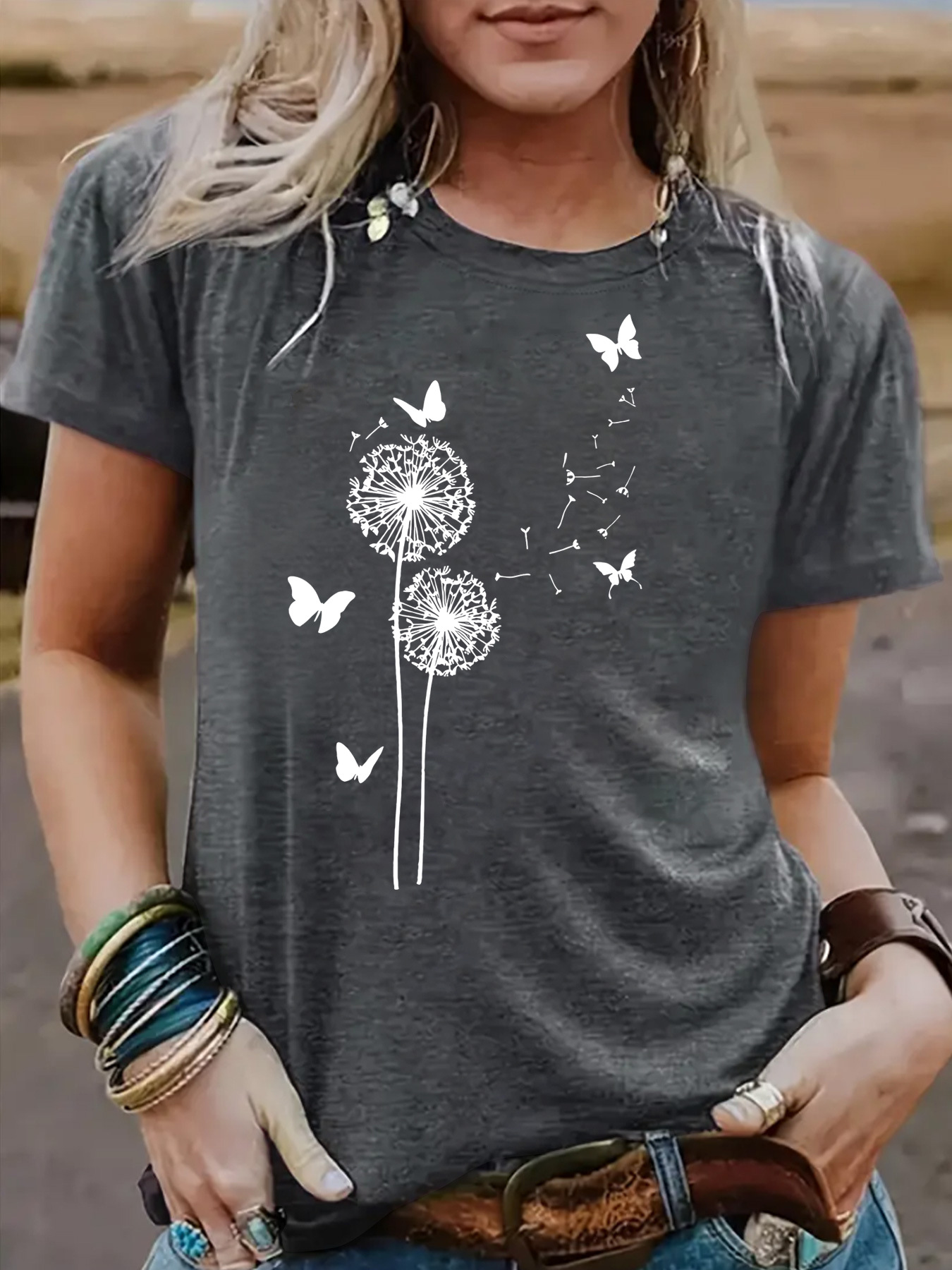 Amazon European and American summer women's dandelion pattern round neck short sleeve casual fashion foreign trade explosion T-shirt