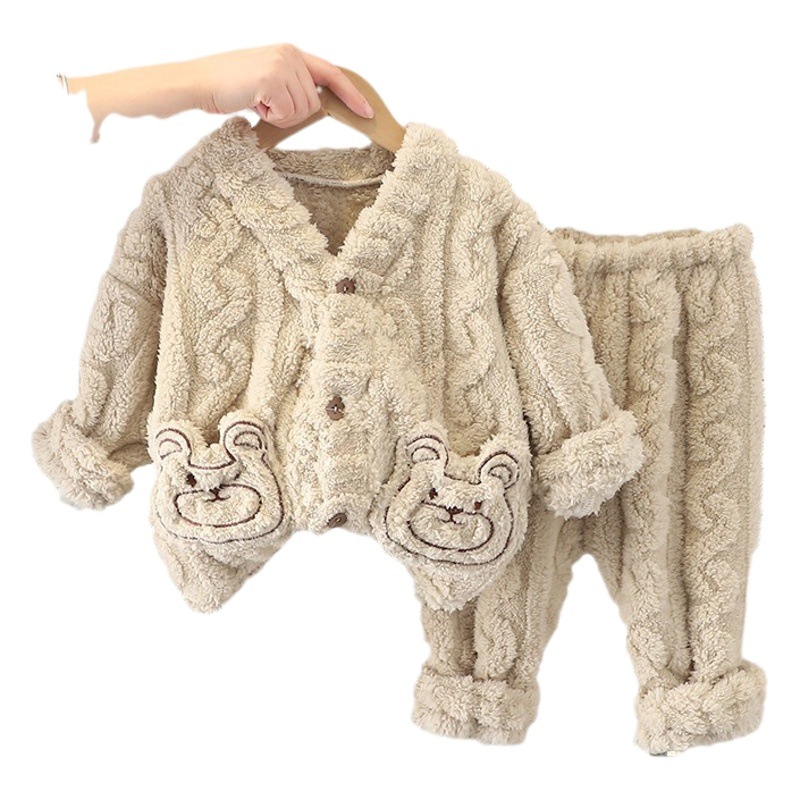 Children's thickened warm pajamas girls' outer wear suit winter new boys and girls corrugated bear home wear suit