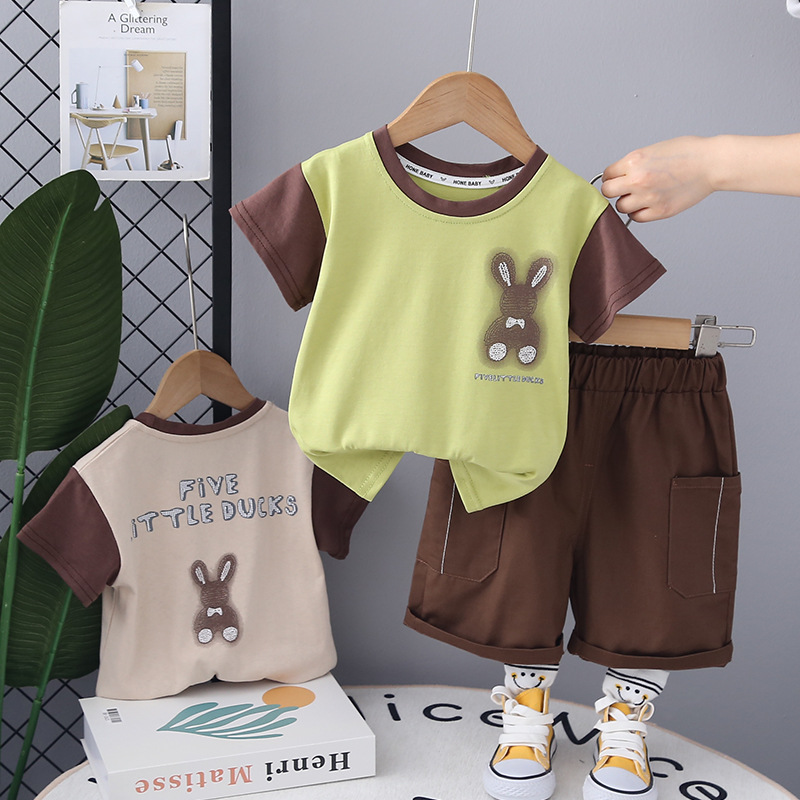 Boys Short-sleeved Summer suit Summer New Baby Children's Western-style Thin Baby Chest Rabbit Short-sleeved Two-piece Set