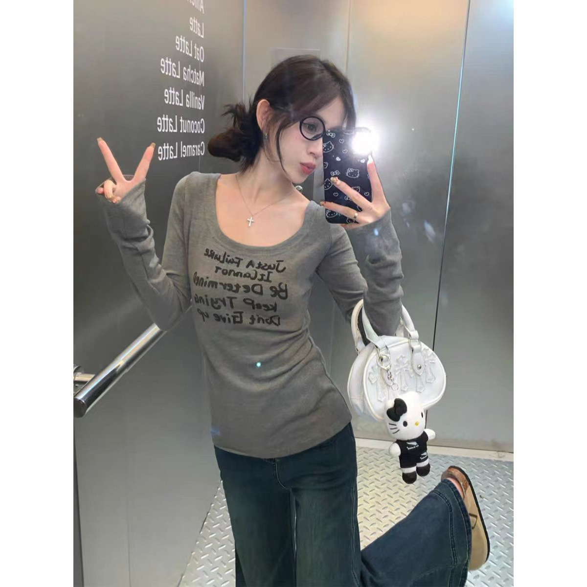 American-style Sweet Cool Spice Girl Alphabet Printing U-collar Long-sleeved T-shirt Women's Autumn and Winter Slim-fit Slimming Niche Design Base Shirt