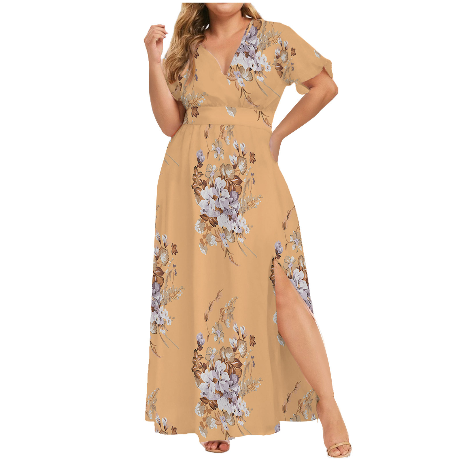 Picture of 2024 European and American Cross-Border Dress Summer New Plus Size Women's Printed Hem Slit Printed Short-Sleeved Dress