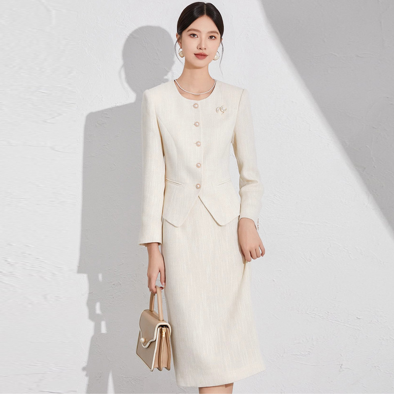 Autumn and winter fashion beige small fragrant style crew neck professional suit mid-length waist slimming age-reducing temperament women's dress OL