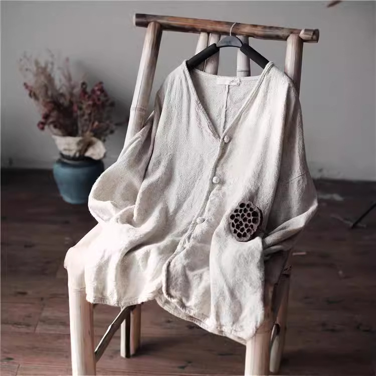 Spring and Autumn Retro Hemp Shirt 1716 National Style Literary Solid Color Cardigan Women's Casual Loose Top