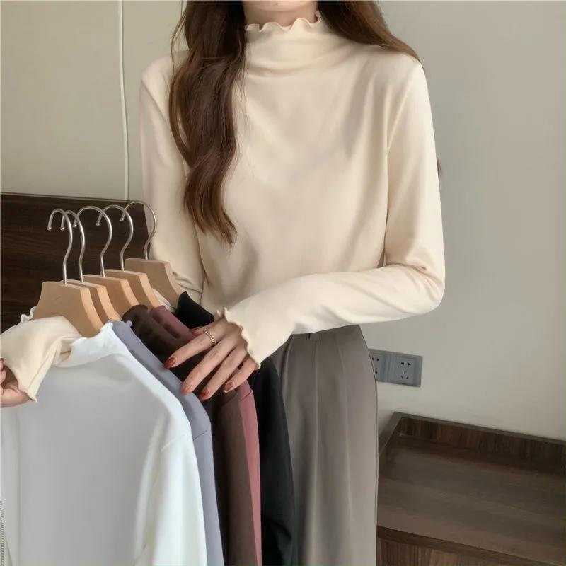 High-end new German velvet semi-high collar with wooden ear inside with thick double-sided velvet warm design all-match base shirt for women