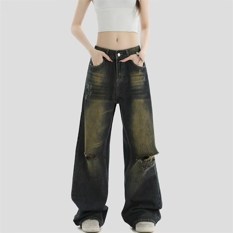 American Niche Ripped Wash Old Vintage Personalized Cut Loose Straight Ripped Wide Leg High Street Jeans for Women