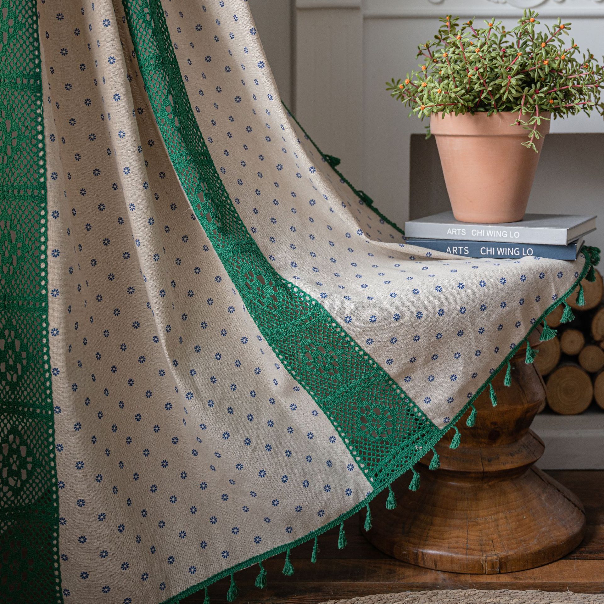 Yiman Qiyun Curtain Lanju Curtain Finished Printed Hollow Stitching American Style Kitchen Curtain Semi-Shading Curtain Tassel